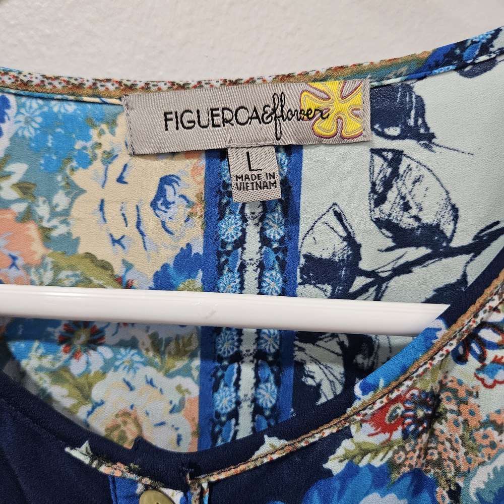 Figueroa & Flower Blue Floral Tunic Blouse Boho Patchwork Design, Size Large - Picture 2 of 10